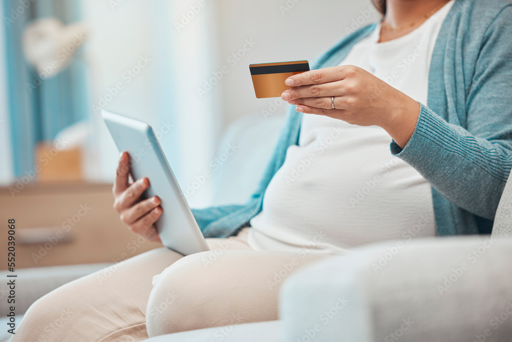 Pregnant woman, tablet and credit card for ecommerce, online shopping and payment on internet store on home sofa. Female with technology for banking, savings and future with insurance in pregnancy Pregnant woman, tablet and credit card for ecommerce, online shopping and payment on internet store on home sofa. Female with technology for banking, savings and future with insurance in pregnancy