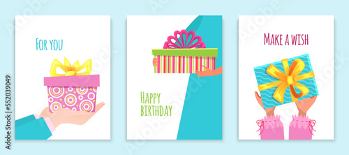 Happy birthday card set, vector illustration, template greeting poster design, hands with gif boxes concept, make wish and for you sign.