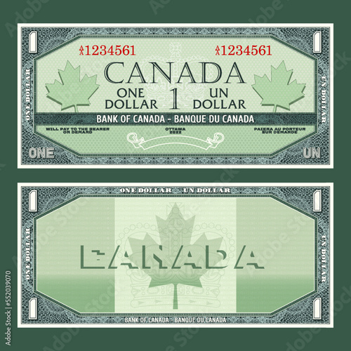 Vector vintage fictional Canadian money. Obverse and reverse of the gaming banknote with guilloche frame. The inscriptions in French mean one dollar and bank of Canada.