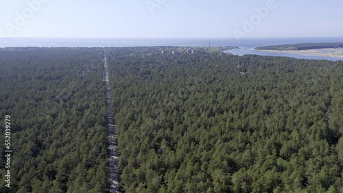 Bird's-eye view of the forest road to the coast of the Gulf of Finland in Narva Yuesuu (Ust Narva). Narva bay. Estonia. photo