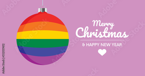 LGBTQ rainbow christmas ball banner icon vector. Merry Christmas and Happy New Year greeting card with LGBTQ rainbow christmas bauble on a purple background graphic design element