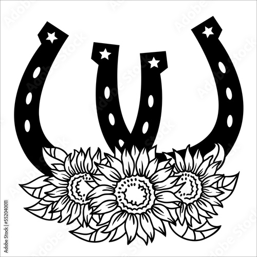 Two Horseshoes sunflowers decoration. Vector two horseshoes with yellow sunflowers decor isolated on white for print, wedding, for design, for invitation.