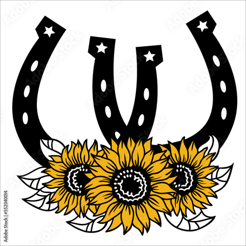 Two Horseshoes sunflowers decoration. Vector two horseshoes with yellow sunflowers decor isolated on white for print, wedding, for design, for invitation.