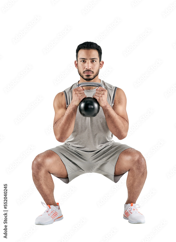 PNG studio portrait of a muscular young man exercising with a kettlebell. PNG studio portrait of a muscular young man exercising with a kettlebell.
