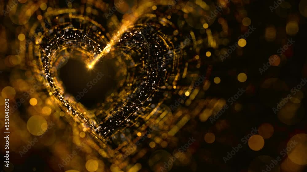 Valentine's day abstract background, Gold particles flowing for Valentine's day, Wedding anniversary, Background Heart shaped tunnel animation 4K seamless loop Valentine's day abstract background, Gold particles flowing for Valentine's day, Wedding anniversary, Background Heart shaped tunnel animation 4K seamless loop