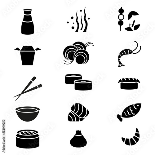 Set of wok icons. Black silhouette for noodles and roll, sushi Asian food. Vector illustration.