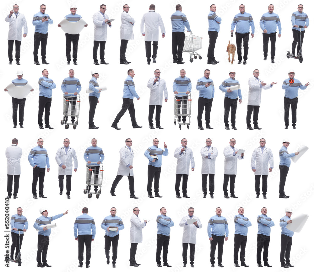 collage of a man in full growth displaying many professions and position collage of a man in full growth displaying many professions and position