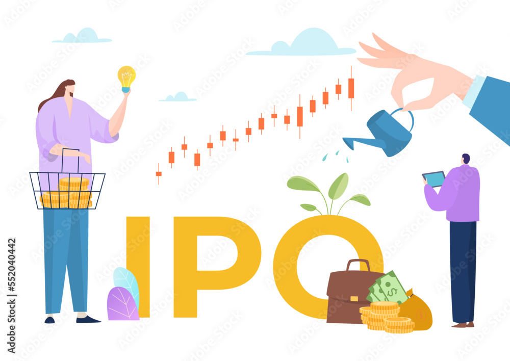 Business ipo stock company concept, vector illustration, trade finance strategy growth at huge chart, flat woman character hold idea and golden coin.