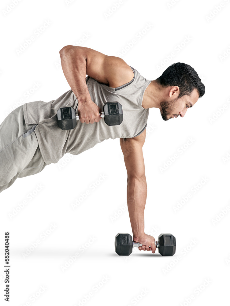 PNG studio shot of a muscular young man exercising with dumbbells