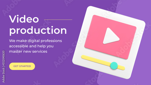 Video production multimedia content creation internet advertising social media banner 3d icon vector illustration. Film strip movie creating editor service educational webinar cinematography blogging