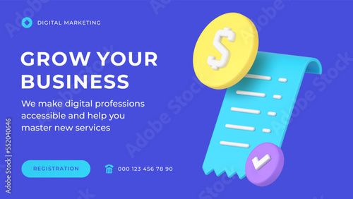 Grow your business marketing strategy development service social media banner 3d icon vector illustration. Corporate commercial management financial opportunity planning profit accounting progress