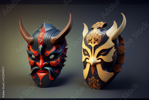 mock up display traditional Japanese Tengu masks generative AI, 3d render style. photo