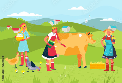 Farmer at rural local farm, vector illustration, flat girl group character care about animals, chicken, cow at countryside, fields near village.