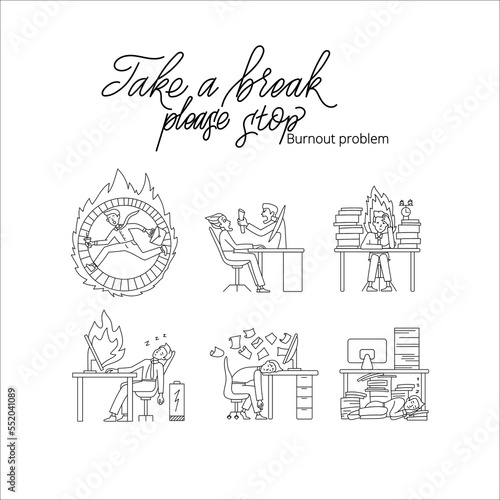 Employee burnout man in office doodle illustration set