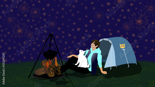 Camping with cat under the stars, a handsome  man looking at many shining stars in a blue midnight sky, with a white cat on his lap, cooking next to a fire with a blue tent behind, vector