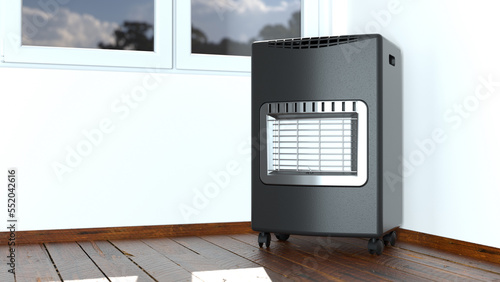 Portable natural gas heater in a house. Indoor LPG gas heater in a room. 3D render.