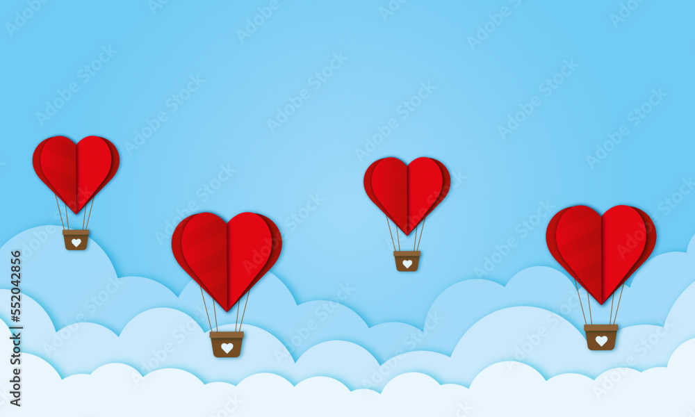 Heart balloons in the sky among the clouds, paper style