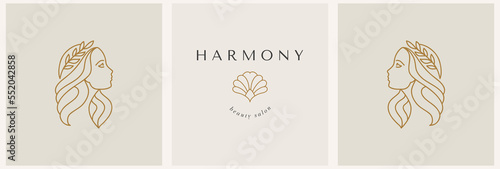 linear set template logo symbols with female and shell on a nude background