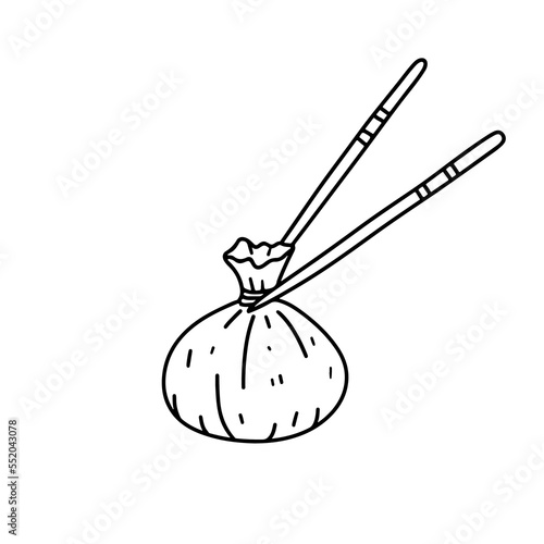 Chopsticks holding Dim sum in hand drawn doodle style. Traditional Chinese dumplings. Asian food vector.