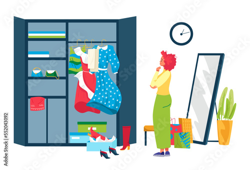 Open closet, untidy home wardrobe, vector illustration, flat woman character choose clothing, dress at messy shelf, room interior with mirror.