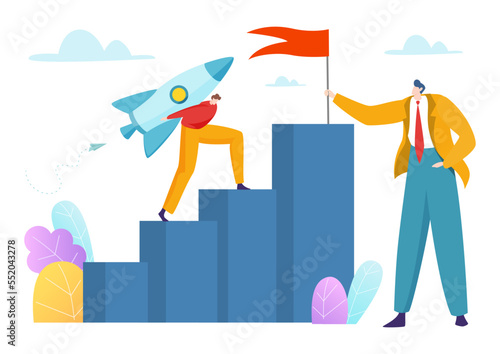Businessman carry rocket up, vector illustration, tiny flat man overburned character climb stairs for goal achievement, huge boss hold flag