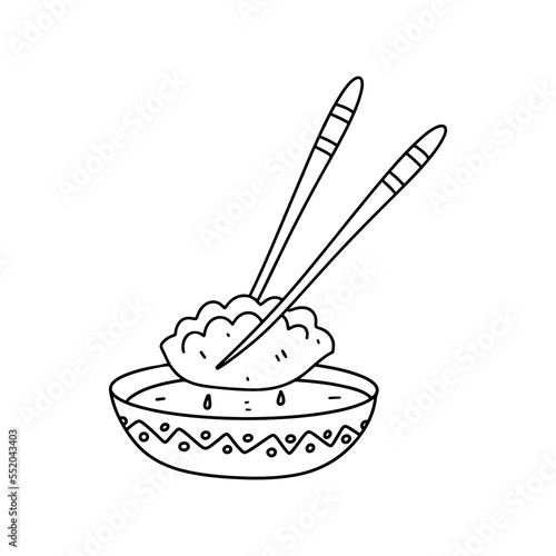 Gyoza and Chopsticks vector in hand drawn doodle style. Chinese food vector illustration.