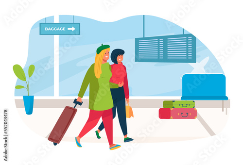 Airport with tourist carry luggage, vector illustration, flat passenger woman character travel with suitcase, girl go to baggage registration center.