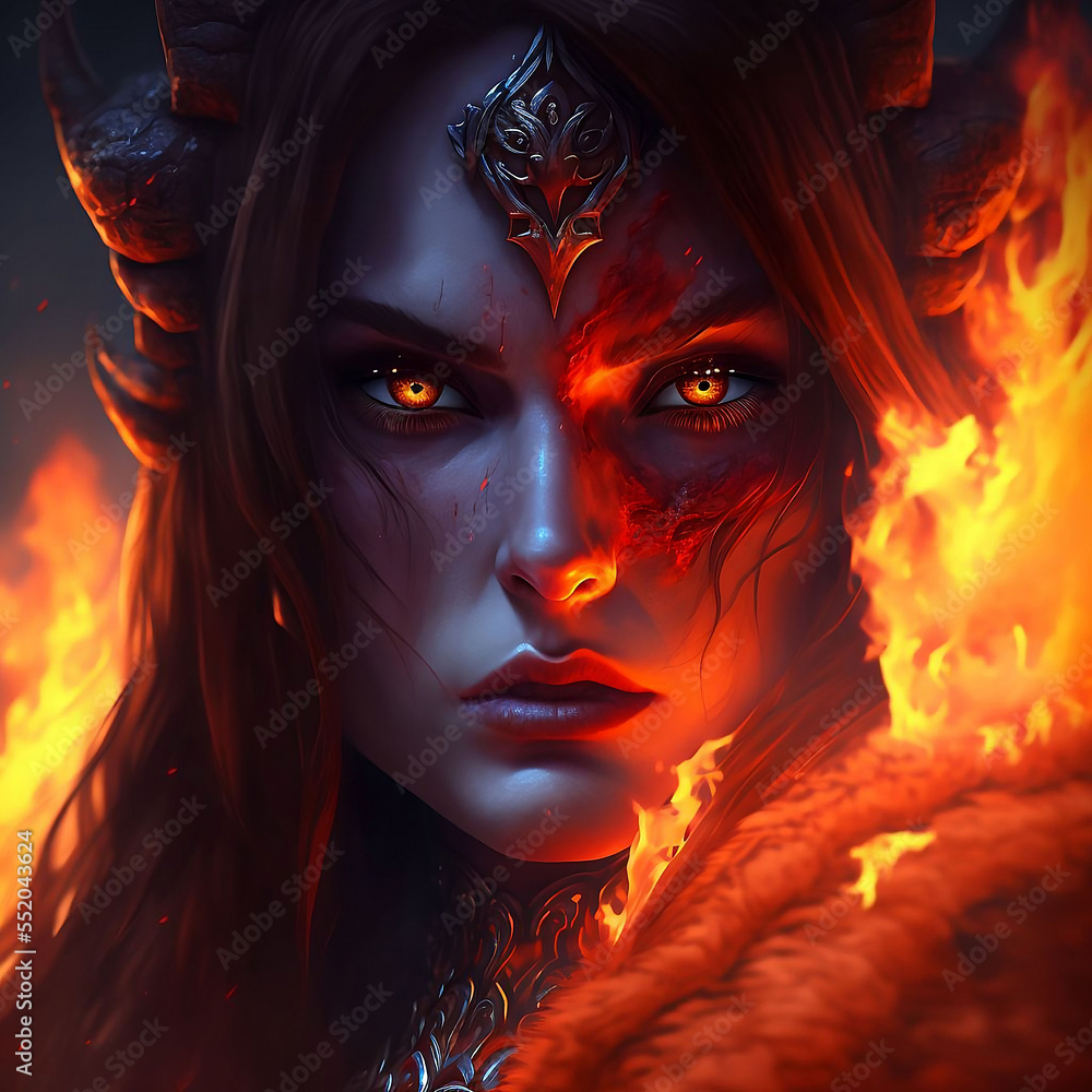 Princess of fire burning eyes digital illustration Stock Illustration