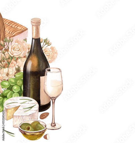 Watercolor white wine bottle and glass, green grapes, cheese, olive and flowers. Hand draw background with food objects for picnic.Concept for wine list, label, banner, menu, flyer, brochure template