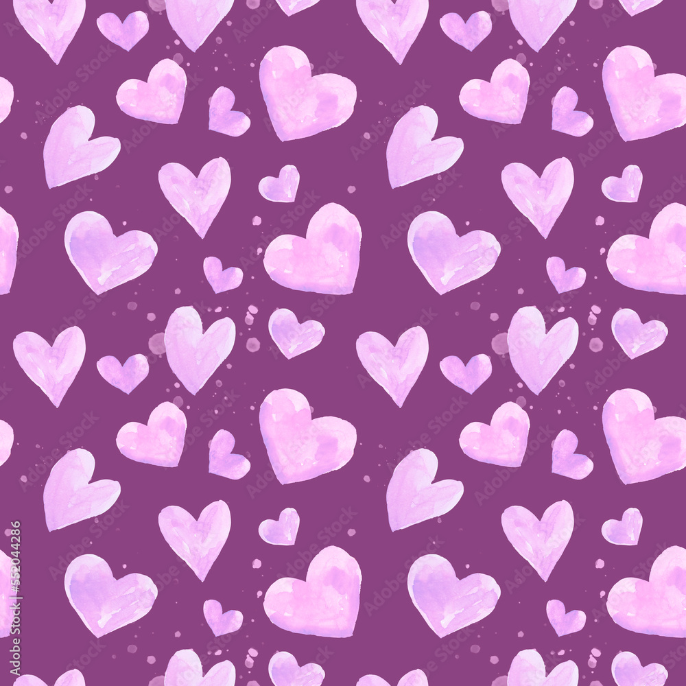 Watercolor seamless pattern of hearts on a pink background. Fabric pattern. Valentine's Day. February. Holidays. The senses. Valentine's Day. Banner.