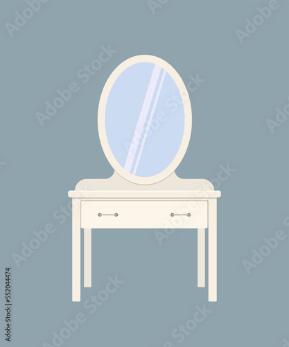 Dressing table with mirror isolated on gray background. Home interior concept. Cartoon flat style. Vector illustration