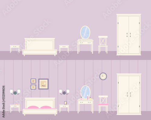 Cozy white bedroom in Provence style empty and with linens. Home interior concept. Cartoon flat style. Vector illustration © TanyaBegun