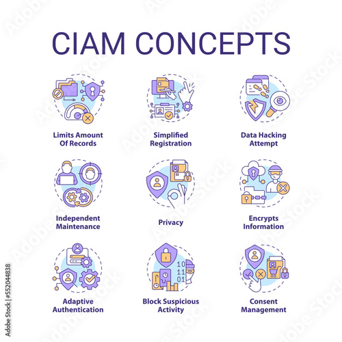 CIAM concept icons set. Customer identity and access management. User security idea thin line color illustrations. Isolated symbols. Editable stroke. Roboto-Medium, Myriad Pro-Bold fonts used