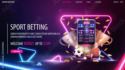 Fotografija Sports betting, digital banner with smartphone, champion cups, falling gold coin