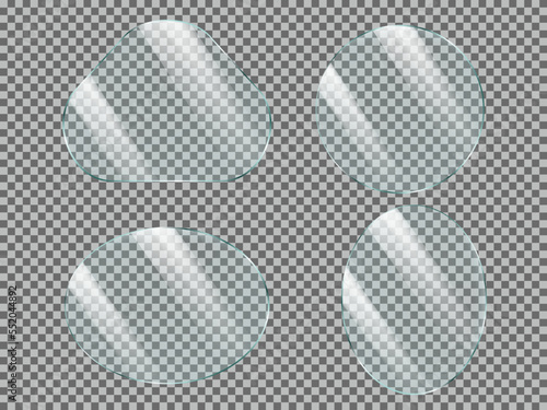 Set of reflective glass plate or banner. Round and oval transparent windows with light reflections. Realistic vector illustration isolated on transparent background.