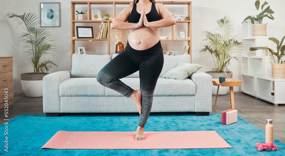 Yoga, pregnant woman and meditation in living room, workout and fitness. Pregnancy, healthy female and lady with peace, zen and calm to relax, health and training in lounge, wellness and exercise.