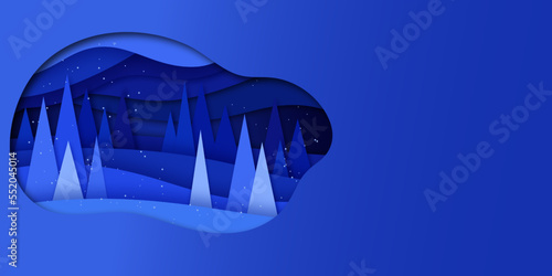 Vector winter night landscape with fir trees, clouds and snow in paper cut style
