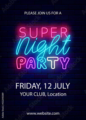 Super night party neon signboard. Light advertising with shiny typography. Vector stock illustration