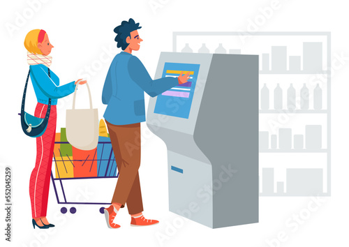 Supermarket store with self service payment, vector illustration, flat man woman character use machine in grocery, product in market cart.