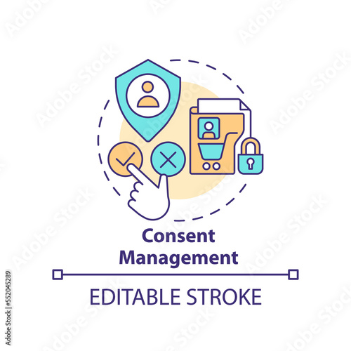 Consent management concept icon. Using customer personal data. Cookie policy abstract idea thin line illustration. Isolated outline drawing. Editable stroke. Arial, Myriad Pro-Bold fonts used