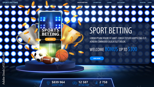 Sports betting, blue banner with smartphone, champion cups, falling gold coins and sport balls on blue podium floating in the air with wall of round lights in dark scene