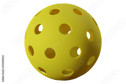 Yellow pickleball with holes. Close-up png transparent 3d rendering. photo