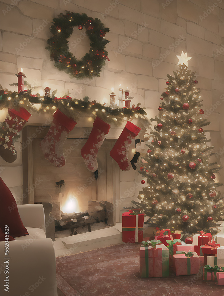 christmas tree with fireplace and gifts made with Generative AI