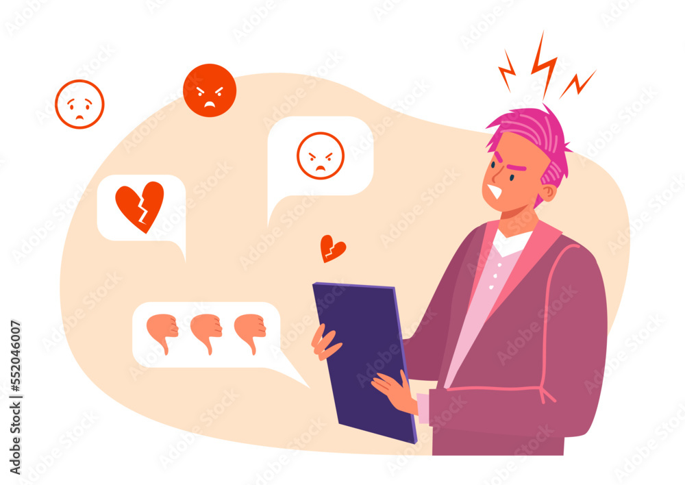 Negative feedback in social media, vector illustration, flat man character get dislike, message icon from smartphone, bad internet comments. Negative feedback in social media, vector illustration, flat man character get dislike, message icon from smartphone, bad internet comments.
