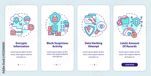 Customer identification prevents hacking onboarding mobile app screen. Walkthrough 4 steps editable graphic instructions with linear concepts. UI, UX, GUI template. Myriad Pro-Bold, Regular fonts used