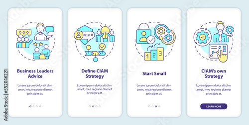 Beginning with CIAM onboarding mobile app screen. Customer management walkthrough 4 steps editable graphic instructions with linear concepts. UI, UX, GUI template. Myriad Pro-Bold, Regular fonts used photo