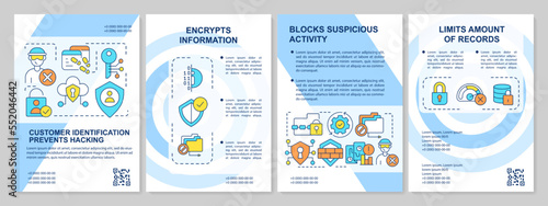 User identification prevents hacking blue brochure template. CIAM. Leaflet design with linear icons. Editable 4 vector layouts for presentation, annual reports. Arial, Myriad Pro-Regular fonts used
