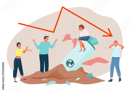 Startup financial failure, vector illustration, finance crisis graph with arrow down, sad flat woman character sit at broken rocket, angry team worker