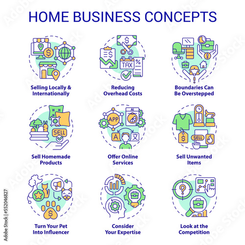Home business concept icons set. Self employment. Family startup. Remote work idea thin line color illustrations. Isolated symbols. Editable stroke. Roboto-Medium, Myriad Pro-Bold fonts used