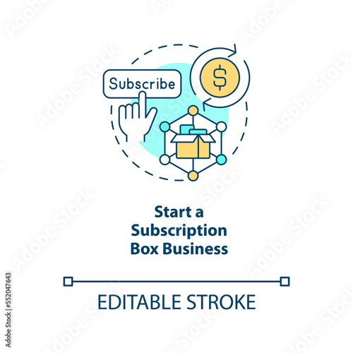 Start subscription box business concept icon. Delivery of niche products. Earning money from home thin line illustration. Isolated outline drawing. Editable stroke. Arial, Myriad Pro-Bold fonts used